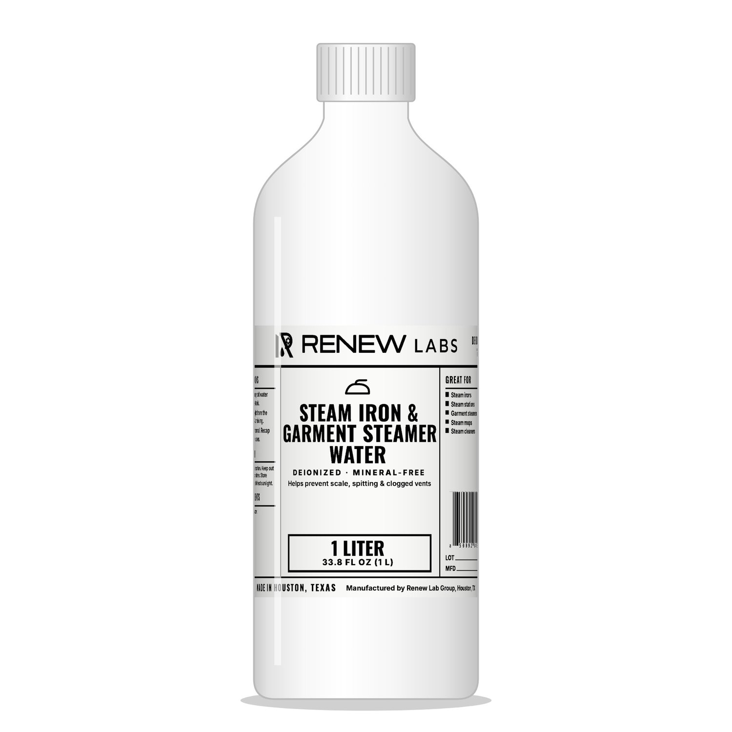 Renew Labs Steam Iron & Garment Steamer Water 1 Liter bottle with label, made in Houston, Texas