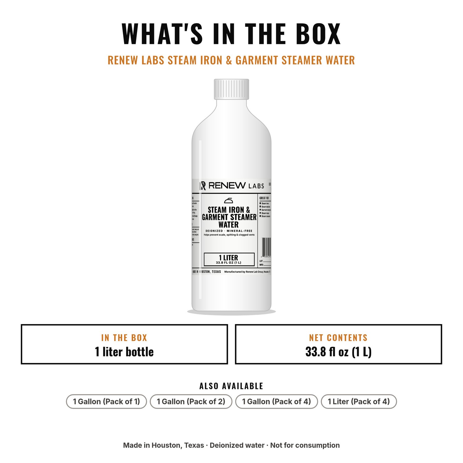 What's in the box: Renew Labs Steam Iron & Garment Steamer Water, 1 Liter