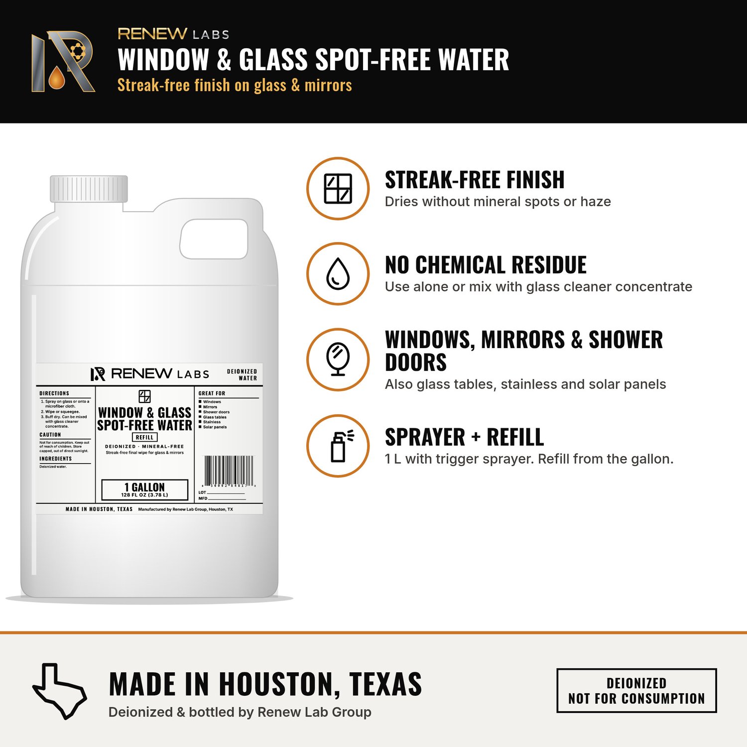 Renew Labs Window & Glass Spot-Free Water benefits infographic: streak-free finish, no chemical residue, windows, mirrors & more