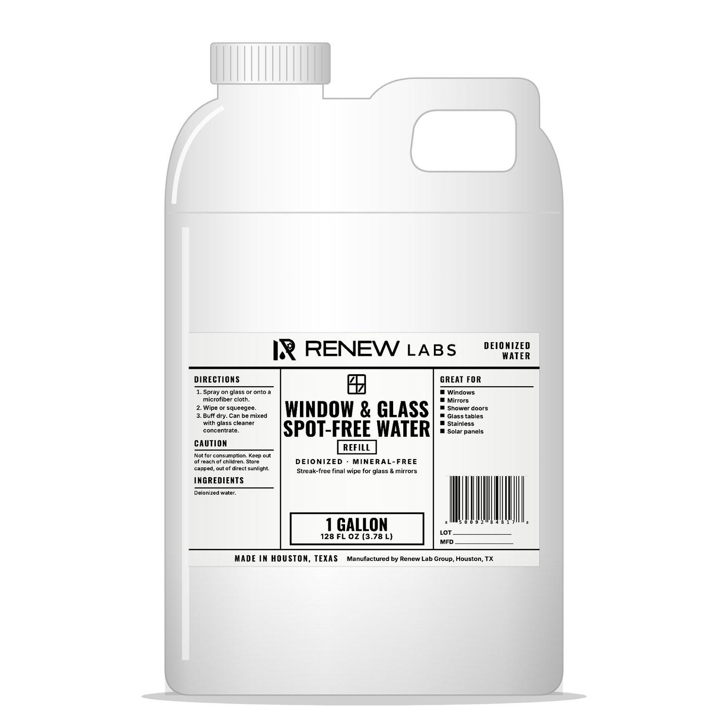 Renew Labs Window & Glass Spot-Free Water 1 Gallon Refill bottle with label, made in Houston, Texas