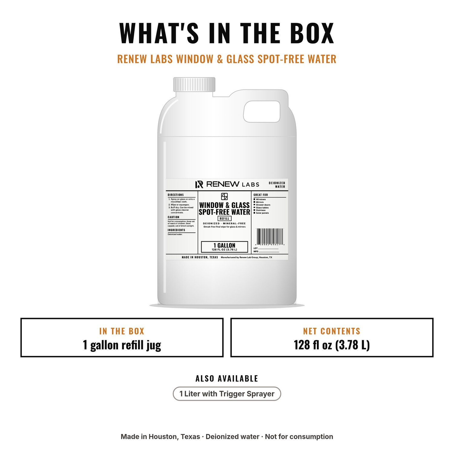 What's in the box: Renew Labs Window & Glass Spot-Free Water, 1 Gallon Refill