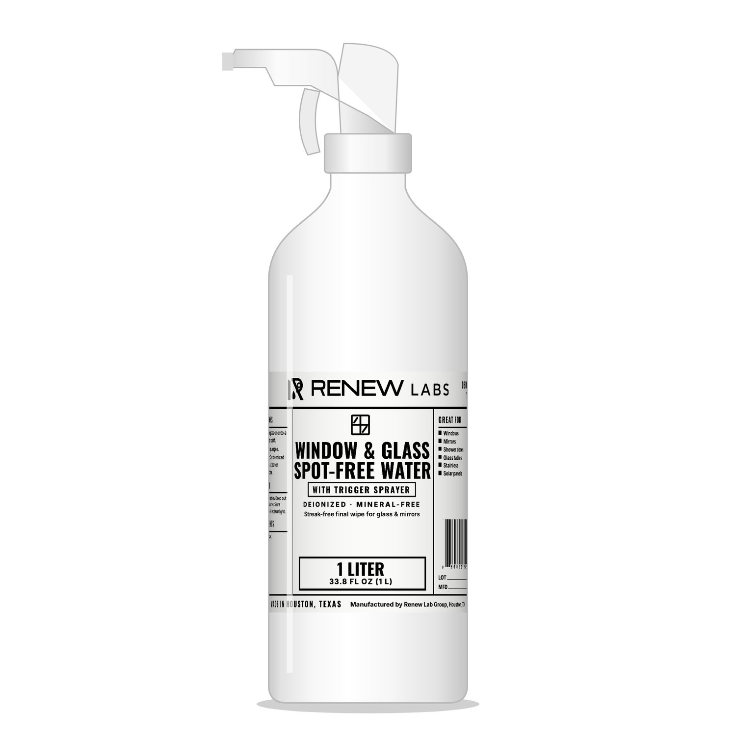 Renew Labs Window & Glass Spot-Free Water 1 Liter with Trigger Sprayer bottle with label, made in Houston, Texas