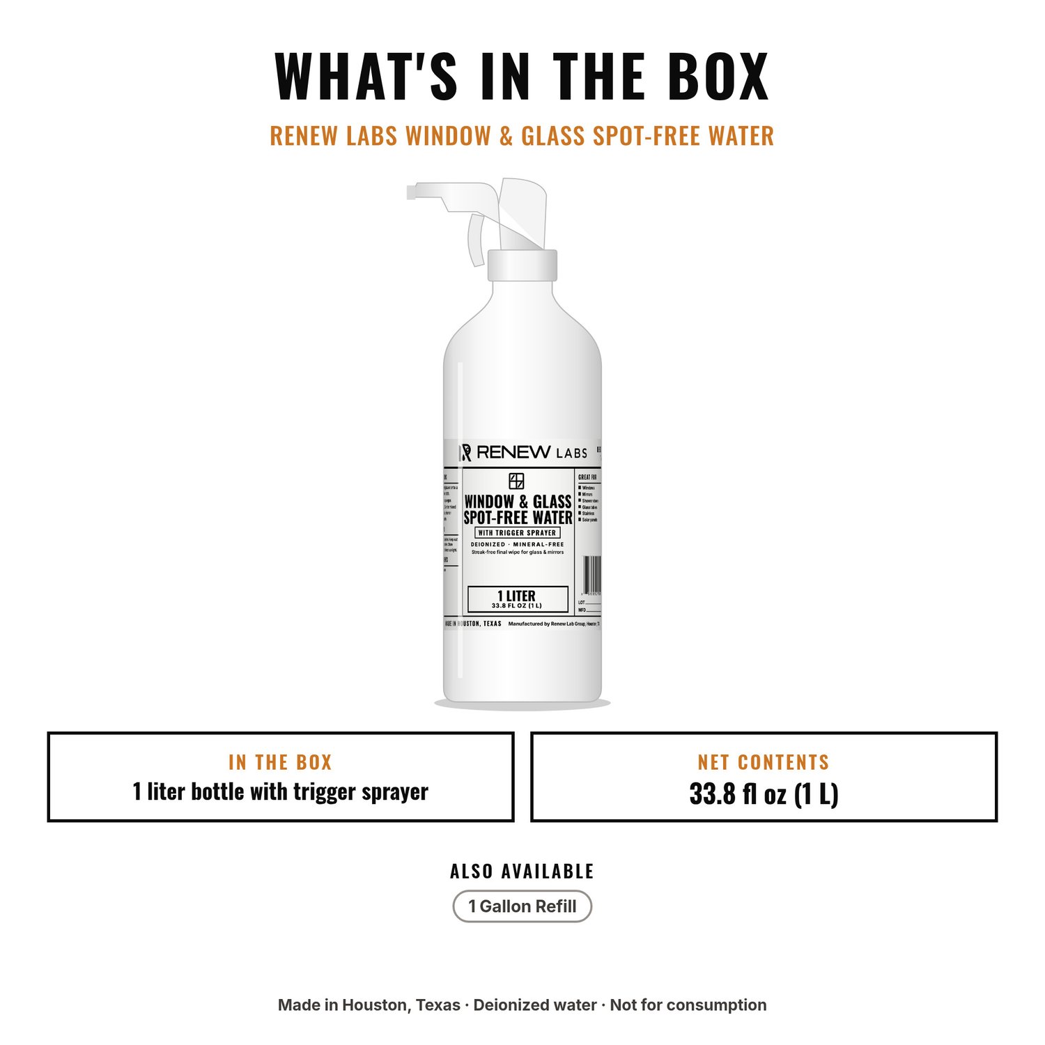 What's in the box: Renew Labs Window & Glass Spot-Free Water, 1 Liter with Trigger Sprayer